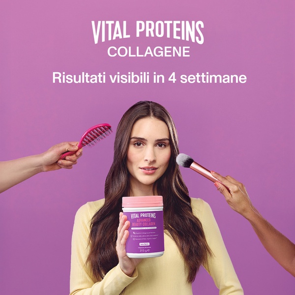 A clean, symmetric studio shot featuring a woman holding a collagen product flanked by beauty tools, highlighting a clear 4-week efficacy claim.